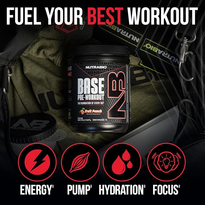 NutraBio Base Pre-Workout Sports Nutrition Powder - Sustained Energy, Mental Focus, Endurance, Hydration - Preworkout for Men and Women - Increase Energy- 30 Servings - Fruit Punch