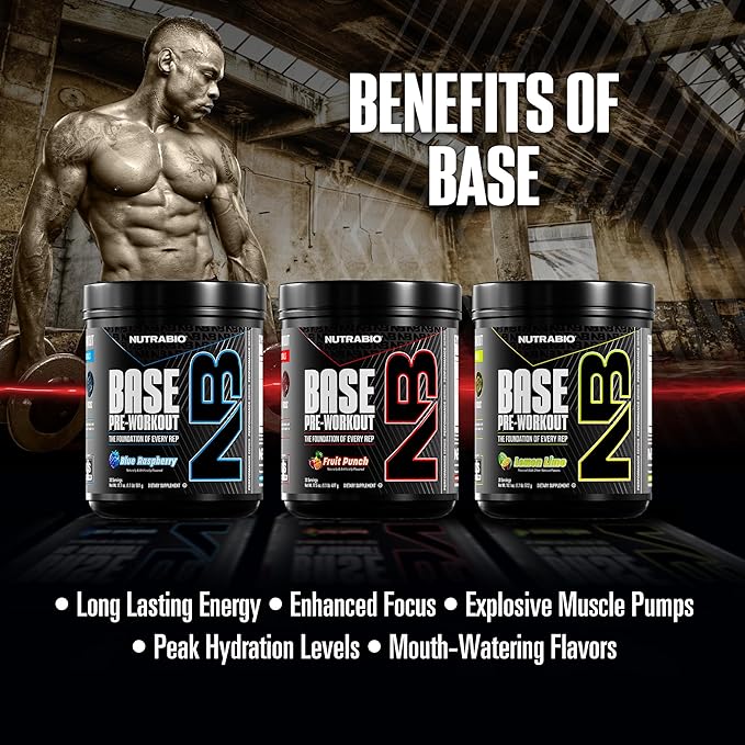 NutraBio Base Pre-Workout Sports Nutrition Powder - Sustained Energy, Mental Focus, Endurance, Hydration - Preworkout for Men and Women - Increase Energy- 30 Servings - Fruit Punch