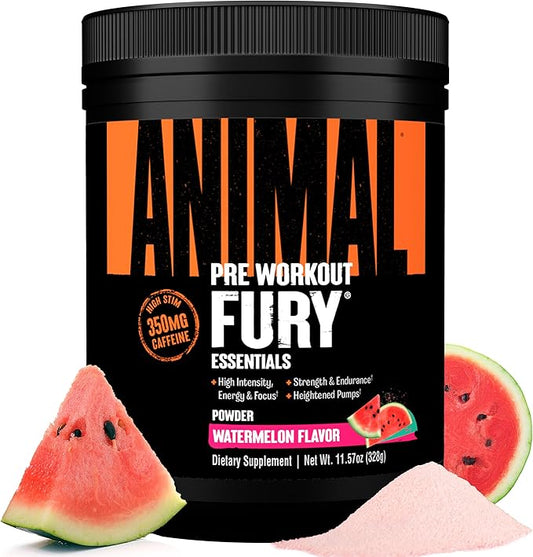 Animal Fury Pre Workout Powder - Energy and Focus Supplement with 5g BCAA, 350mg Caffeine Nitric Oxide Booster with Beta-Alanine, Preworkout for Men and Women, Watermelon Flavor, 20 Servings