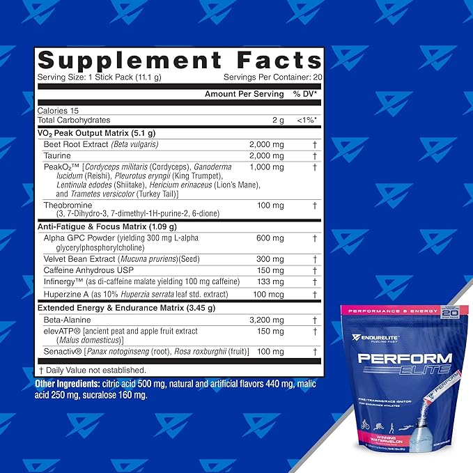 EndurElite Perform Elite- Pre Workout Powder Supplement- Pre-Workout for Endurance Athletes- 20 Serving Bag- Winning Watermelon