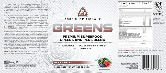 Core Nutritionals Greens Platinum Premium Superfood Greens and Reds Blend, Supports Digestion and Gut Health, 5 Billion CFU Probiotic,30 Servings (Berry)