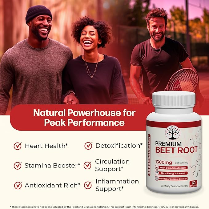 Beet Root Capsules - Premium Organic Beetroot Powder - Nitric Oxide Supplement - Heart Health, Circulation, and Stamina Support - Non-GMO - 60 Vegan Capsules
