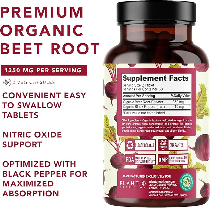 USDA Plant.O Premium Organic Beet Root Tablets [1350mg Beets Powder] with Black Pepper for Extra Absorption - Nitric Oxide Supplement