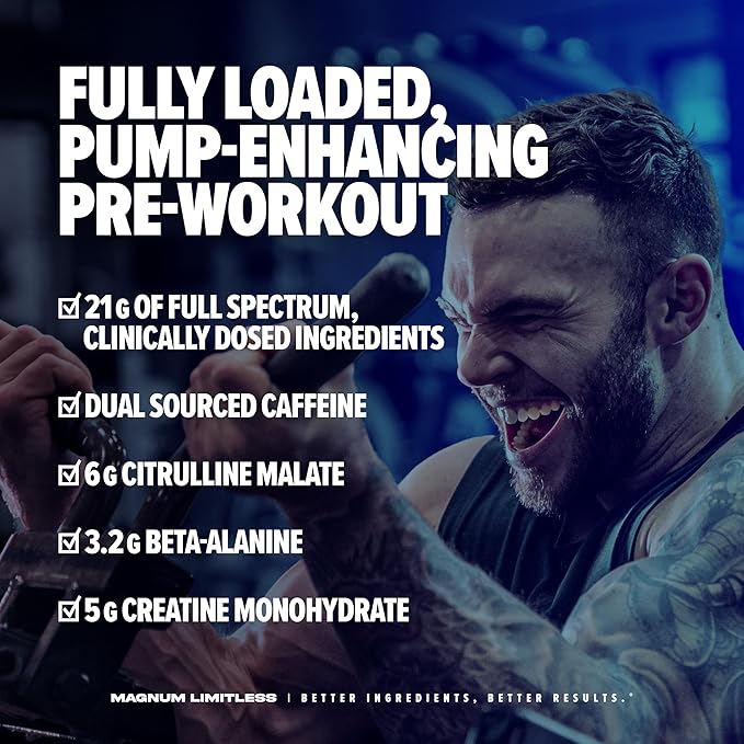 LIMITLESS Magnum 504g - Creatine Monohydrate Pre Workout Powder for Men & Women, Supports Energy, Focus, Endurance, Muscle Recovery & Growth, Beta Alanine, Sugar Free Electrolytes, Fruit Punch Flavor