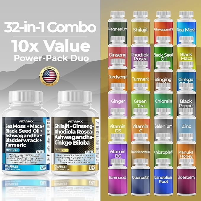 Pure Himalayan Shilajit Supplement 10,000mg Sea Moss 2,000mg Ashwagandha 6,000mg Bladderwrack 1000mg Gingko Biloba 500mg Organic Capsules & Trace Mineral for Men and Women – Made in USA