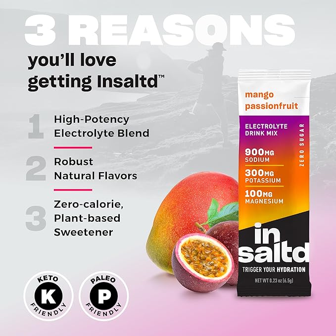 INSALTD™ Sugar Free Electrolytes Powder Packets with No Stevia Aftertaste | High-Potency Hydration Packets | Keto Electrolyte Drinks | Intermittent Fasting Drink Mix | 28 Pack (Mango Passionfruit)