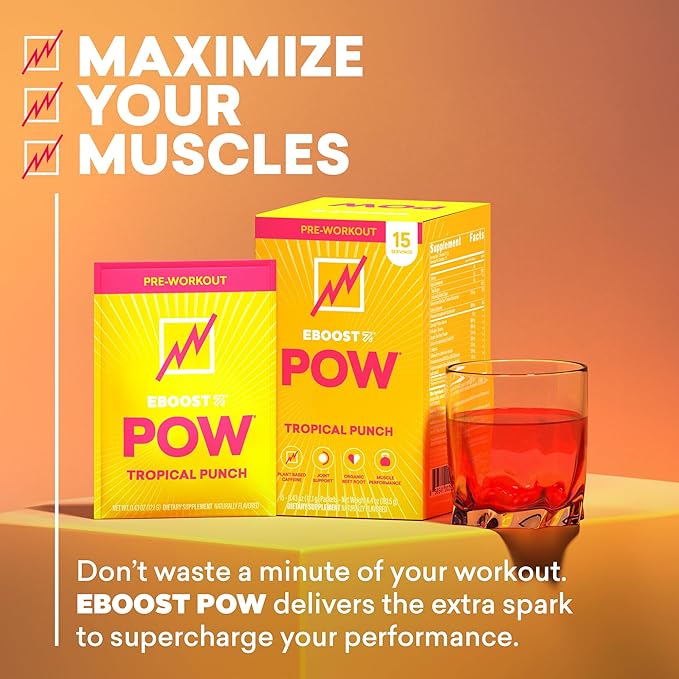 EBOOST POW Natural Pre Workout Powder – 15 Packets - Tropical Punch - A Pre Workout Supplement for Performance, Joint Mobility Support, Energy, Focus - Men & Women - Non-GMO, Gluten-Free, No Creatine