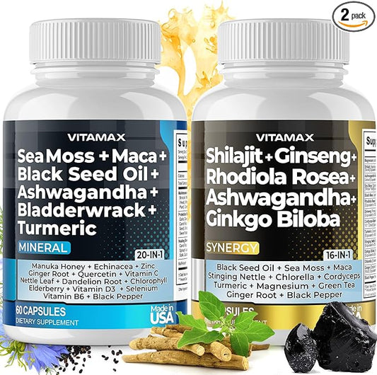 Pure Himalayan Shilajit Supplement 10,000mg Sea Moss 2,000mg Ashwagandha 6,000mg Bladderwrack 1000mg Gingko Biloba 500mg Organic Capsules & Trace Mineral for Men and Women – Made in USA