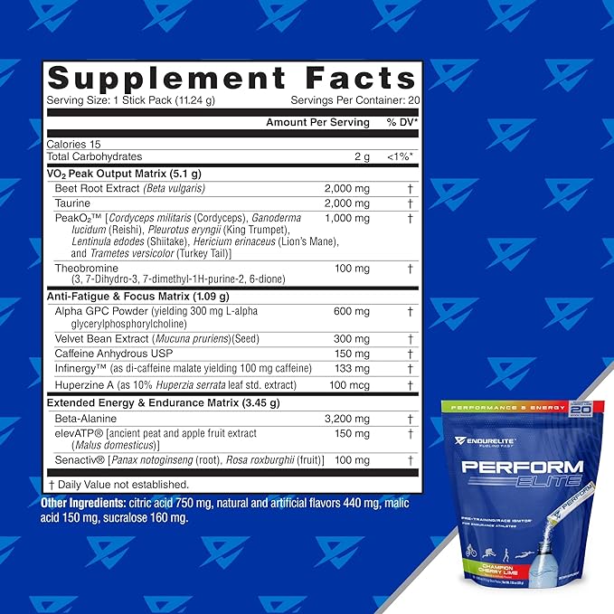 EndurElite Perform Elite- Pre Workout Powder Supplement- Pre-Workout for Endurance Athletes- 20 Serving Bag- Champion Cherry Lime
