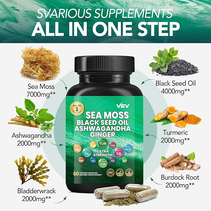 VEV Irish Sea Moss, Ashwagandha, Burdock, Black Seed Oil, Multi Minerals - 60Capsules