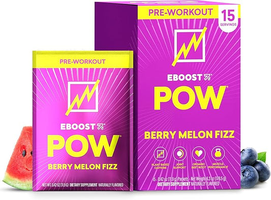 EBOOST POW Natural Pre Workout Powder –15 Packets - Berry Melon Fizz - A Pre Workout Supplement for Performance, Joint Mobility Support, Energy, Focus - Men & Women - Non-GMO, Gluten-Free, No Creatine