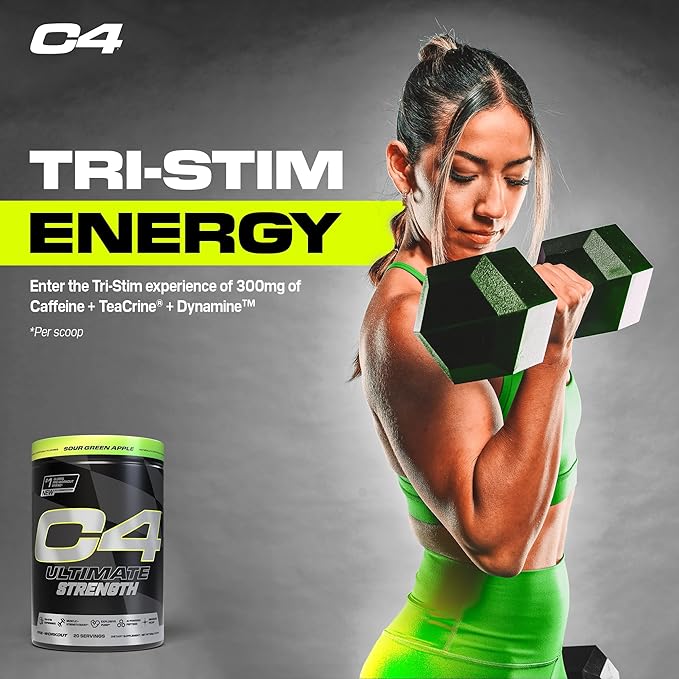 Cellucor C4 Ultimate Strength Pre Workout Powder - Tri-Stim Experience 300mg Caffeine+TeaCrine+Dynamine - Creatine & Beta-Alanine - Energy Supplement for Men & Women - Sour Green Apple, 20 Servings