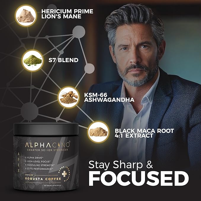 Alphacino Apex - Instant Coffee Powder for the Robust Vigorous Men - Muscle Growth, Sharp Focus, Enhanced Stamina - Ashwagandha KSM-66, Lion’s Mane Mushroom, Black Maca Extract, S7-30SV (4.68 oz)