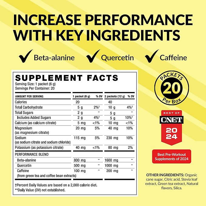 BODi Energize Pre Workout Powder - Beta-Alanine, Quercetin & Low-Dose Caffeine Formula for Enhanced Energy & Focus, Increase Energy & Endurance Supplement, Lemon Flavored, 20 Sticks