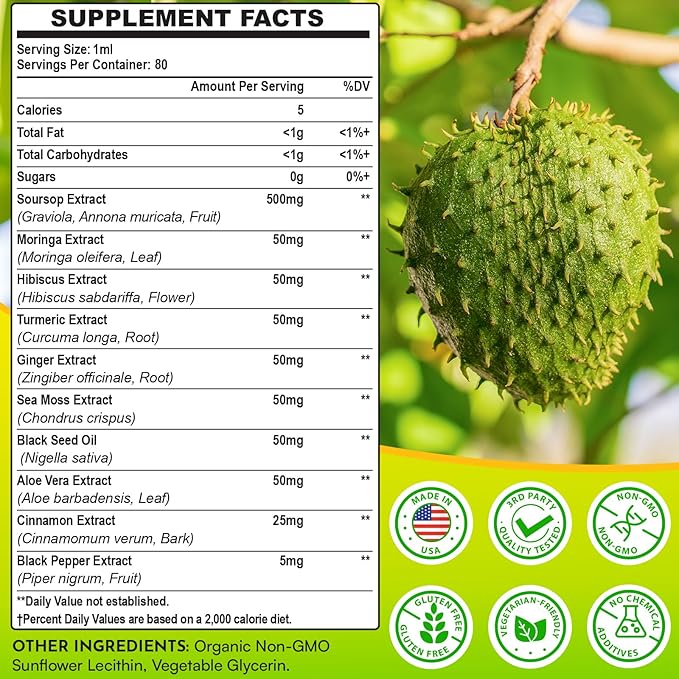 Soursop Bitters Liquid 880MG, Soursop Multivitamin Liquid Drops with Soursop Leaves Herbal Blend, for Cell Support & Regeneration, Immunity, Liver, Gut, Zzz & Antioxidant | 320 Days Supply