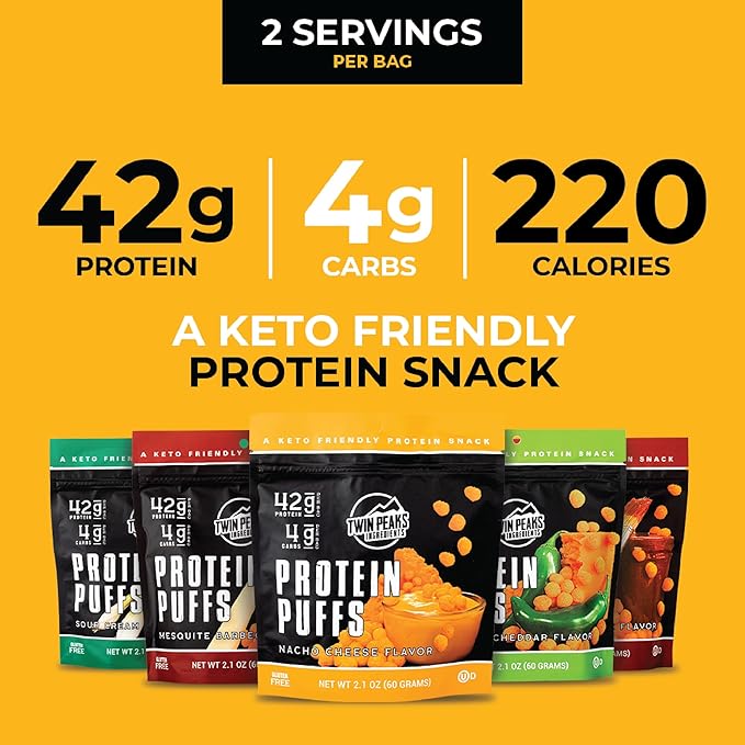 Twin Peaks Low Carb, Keto Friendly Protein Puffs, 2 Serving 12 Pack, (60g, 42g Protein, 4g Carbs)