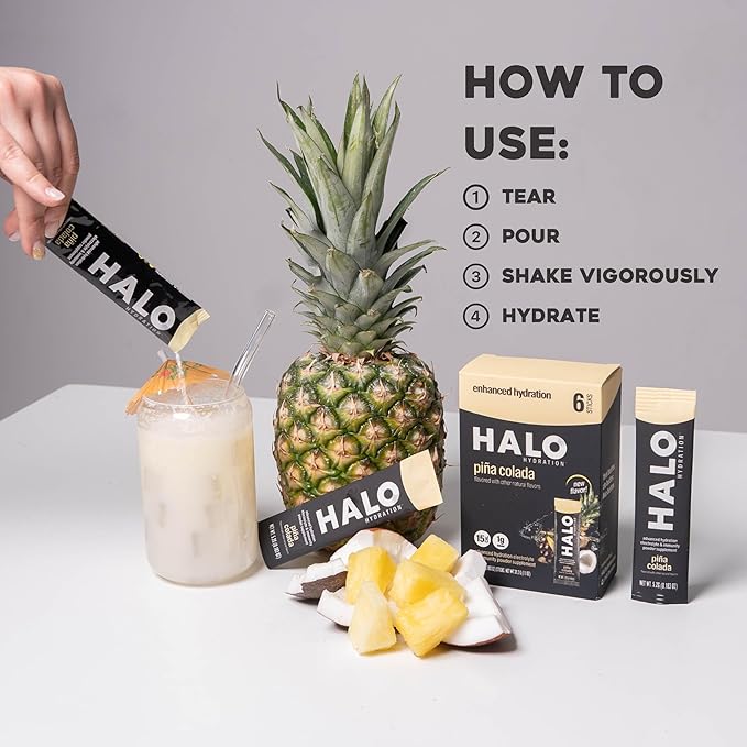Halo Hydration - Electrolyte Drink Mix | Hydration Powder Packets | Pina Colada Flavor – for Sports and Cycling | Easy Open Single Serving Stick | 12 Sticks