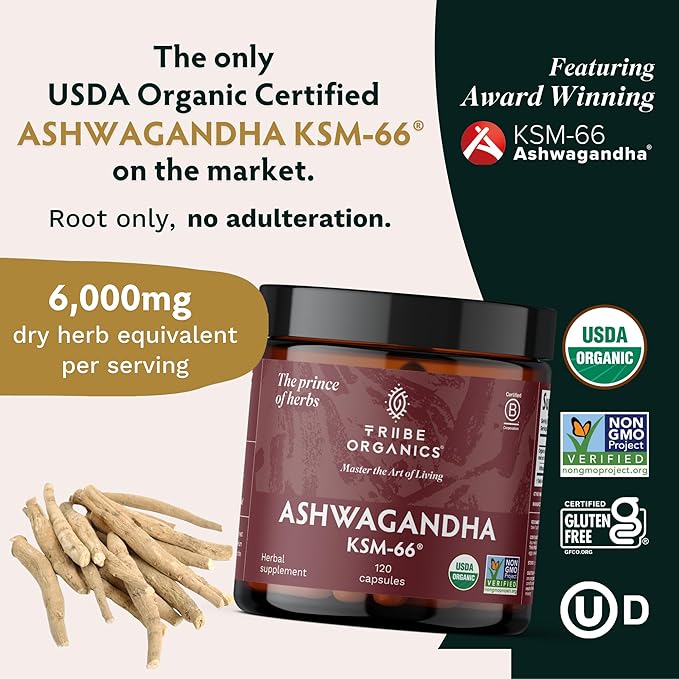 TRIBE ORGANICS Ashwagandha KSM 66 Pure Organic Root Powder Extract Ayurvedic Supplement - Focus, Mood Support, Increase Energy, Strength, 600mg of Natural KSM66 for Superior Absorption - 120 Capsules