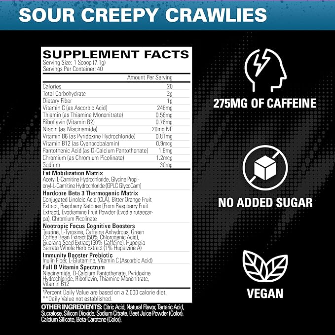 EHP Labs OxyShred Hardcore Super Dosed Pre Workout Powder - Preworkout Powder with L Glutamine & Acetyl L Carnitine, Energy Boost Drink - 275mg of Caffeine - Sour Crawlies, 40 Servings