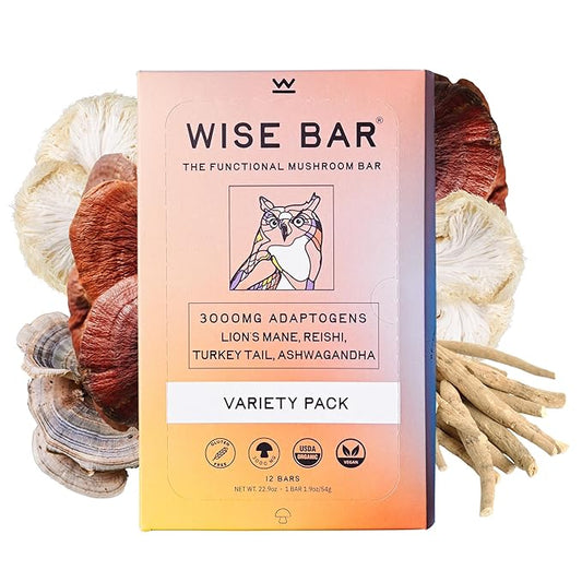 Wise Bar, Adaptogen Mushroom Bar Variety Box 12 Count , 3 Lemon Ginger, 3 Mocha Coconut, 3 Peanut Banana, 3 Cinnamon Turmeric | Functional Mushrooms and Adaptogens Bar | Organic Nutrition Energy Bars, Vegan, Gluten Free