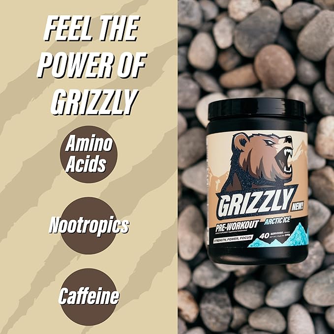 Grizzly Pre Workout Powder for Men & Women - Essential Aminos L-Citrulline & Beta Alanine Plus Caffeine - Preworkout Energy Drink Mix for Intense Power Focus & Pump - Arctic Ice - 40 Servings