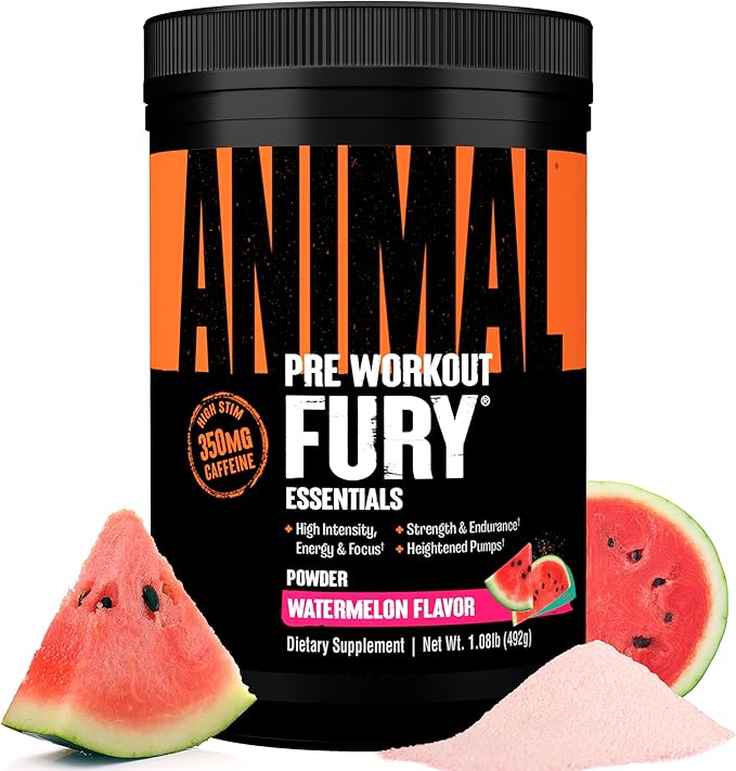 Animal Fury Pre Workout Powder - Energy and Focus Supplement with 5g BCAA, 350mg Caffeine Nitric Oxide Booster with Beta-Alanine, Preworkout for Men and Women, Watermelon Flavor, 30 Servings