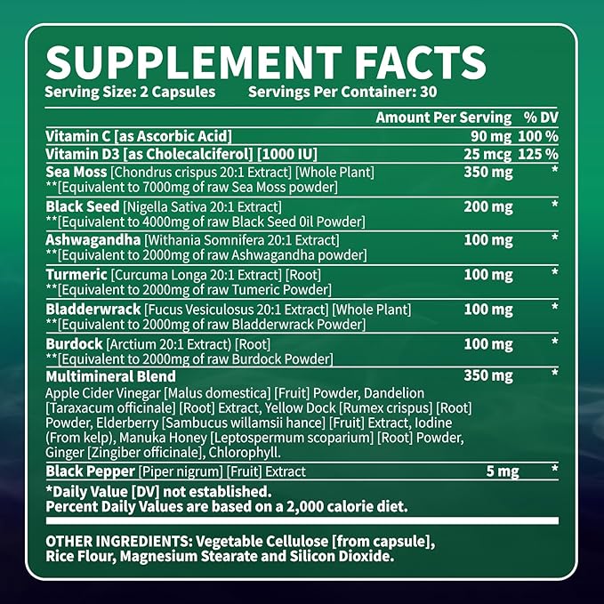 VEV Irish Sea Moss, Ashwagandha, Burdock, Black Seed Oil, Multi Minerals - 60Capsules