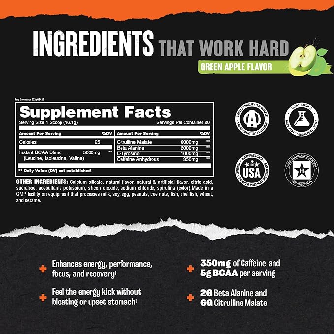 Animal Fury Pre Workout Powder - Energy and Focus Supplement with 5g BCAA, 350mg Caffeine Nitric Oxide Booster with Beta-Alanine, Preworkout for Men and Women, Green Apple Flavor, 20 Servings