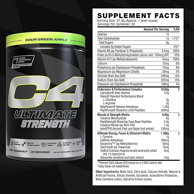 Cellucor C4 Ultimate Strength Pre Workout Powder - Tri-Stim Experience 300mg Caffeine+TeaCrine+Dynamine - Creatine & Beta-Alanine - Energy Supplement for Men & Women - Sour Green Apple, 20 Servings