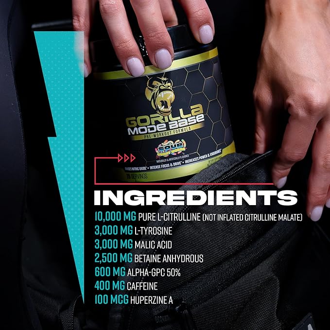 Gorilla Mode Base Pre Workout - Raises Nitric Oxide · Intense Focus & Drive · Endurance · Power - L-Citrulline, L-Tyrosine, Betaine, Alpha-GPC, Caffeine, Huperzine A - 360 Grams (Blue Raspberry)