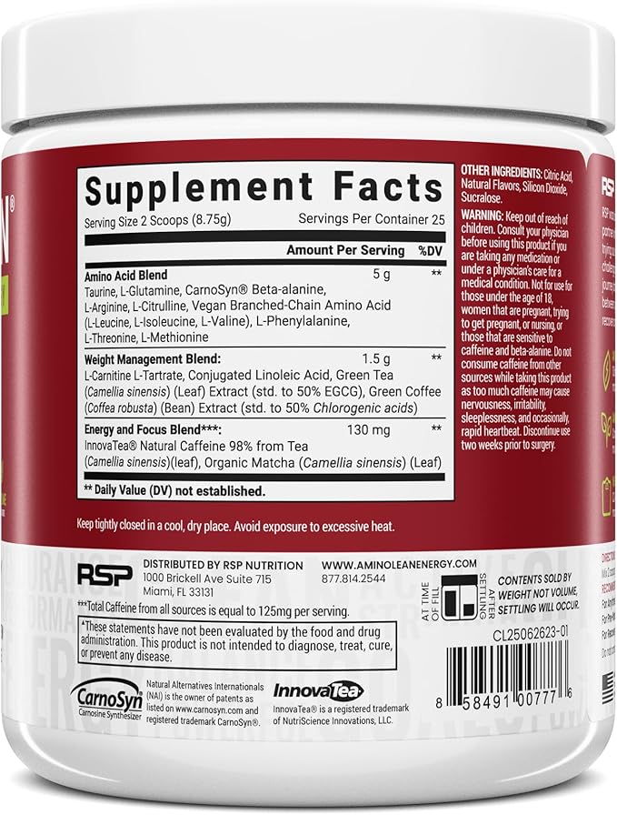 AminoLean Pre Workout Powder, Amino Energy with Natural Caffeine from Green Tea, Vegan BCAA Amino Acids, Cherry Lime (25 Serv)