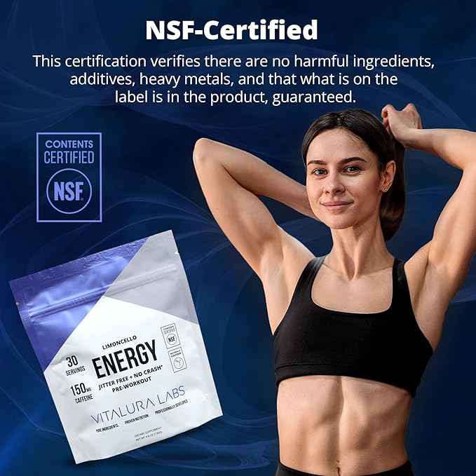 Vitalura Labs Pre-Workout Powder - Caffeine, Theacrine, Rhodiola & L-Theanine for Energy & Endurance - NSF Content Certified - Limoncello Flavored - 30 Servings