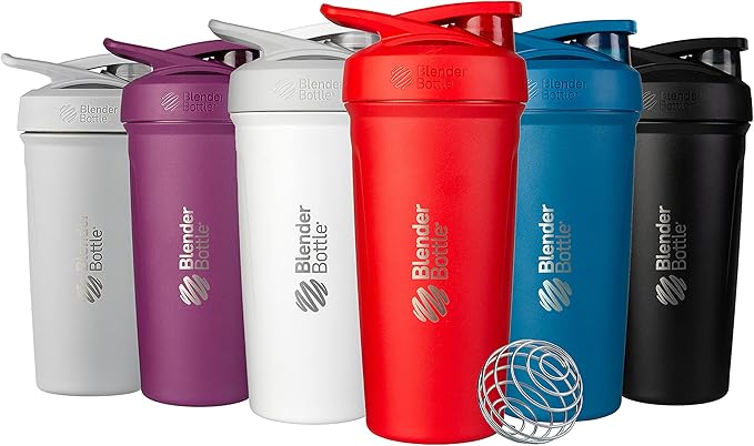 BlenderBottle Strada Shaker Cup Insulated Stainless Steel Water Bottle with Wire Whisk, 24-Ounce, Grey