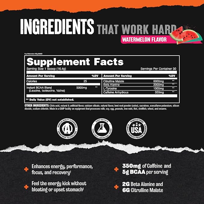 Animal Fury Pre Workout Powder - Energy and Focus Supplement with 5g BCAA, 350mg Caffeine Nitric Oxide Booster with Beta-Alanine, Preworkout for Men and Women, Watermelon Flavor, 30 Servings