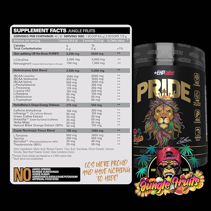 EHP Labs Pride Pre Workout Powder Energy Supplement - Sugar Free Preworkout for Men & Women, Energy Powder Boost Drink with BCAA - 280mg of Caffeine - Jungle Fruits (40 Servings)