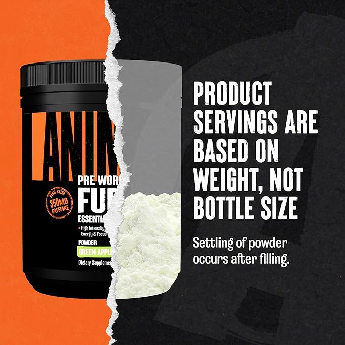 Animal Fury Pre Workout Powder - Energy and Focus Supplement with 5g BCAA, 350mg Caffeine Nitric Oxide Booster with Beta-Alanine, Preworkout for Men and Women, Green Apple Flavor, 20 Servings
