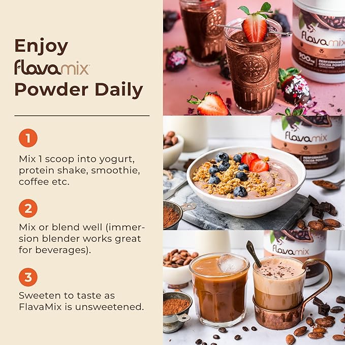 FlavaMix Performance Cocoa Powder | 900mg of Cocoa Flavanols | Promotes Heart & Brain Function | Boosts Nitric Oxide | Plant Based, Zero Sugar | 31 Servings