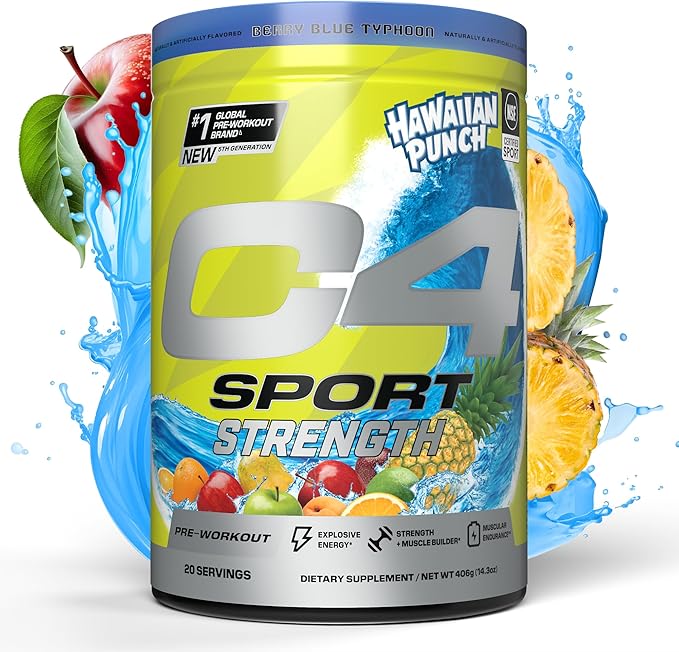 Cellucor C4 Sport Strength Pre Workout Powder - NSF Certified for Sport - Beta-Alanine, Creatine, 200mg Caffeine - Sugar Free Energy Supplement for Men & Women - Hawaiian Punch Berry Blue, 20 Servings
