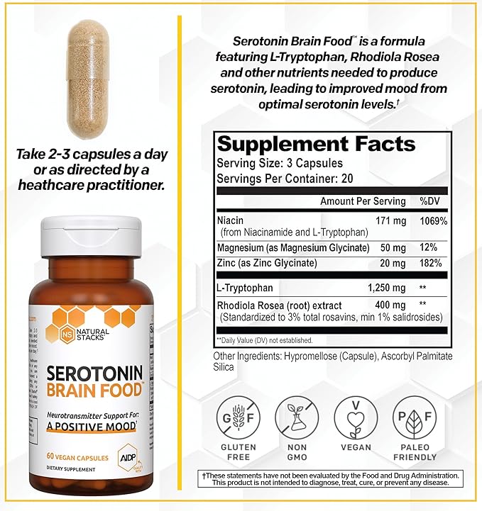 NATURAL STACKS Serotonin Brain Food w/L-Tryptophan & Rhodiola Rosea - Mood Support Supplement - Promotes Positive Mood, Calmness, Stress Relief - Happy Mood & Brain Support Supplement - 60 Capsules