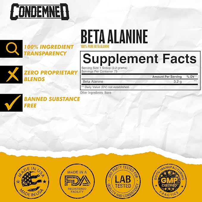 CONDEMNED Labz 100% Pure Beta Alanine Powder | for Muscular Endurance & Recovery | No Fillers or Additives | Gluten Free, Non GMO | 75 Servings (Unflavored)