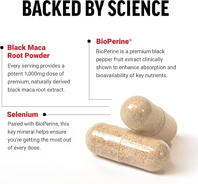 FORCE FACTOR Black Maca Root 1000mg, Vitality Supplement for Men with Black Pepper Extract for Absorption, Natural Maca Negra Extract, 90 Capsules
