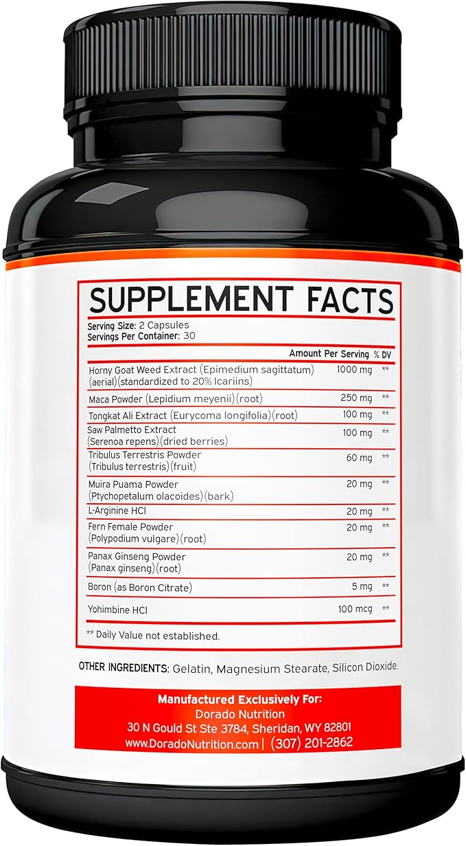 Horny Goat Weed For Men and Women - [20% Icariins Max Strength] - Stamina, Endurance, Circulation, Joint & Back Support - Maca Root, Ginseng, Yohimbine, Tribulus, L-Arginine - USA Made - 60 Count