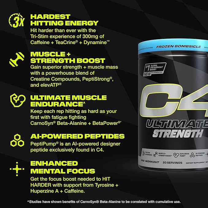 Cellucor C4 Ultimate Strength Pre Workout Powder - Tri-Stim Experience 300mg Caffeine+TeaCrine+Dynamine - Creatine & Beta-Alanine - Energy Supplement for Men & Women - Frozen Bombiscle, 20 Servings