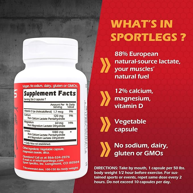SPORTLEGS Fast Fitness Boost Pre Workout Lactic Acid Supplement, Sports Endurance Fuel - NSF Certified for Sport,120-Capsule Bottle, Pack of 1