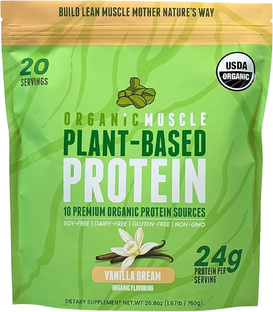 Organic Muscle Organic Vegan Protein Powder - Plant Based Vanilla Protein Powder with Pea, Hemp, Brown Rice, Chia Seed & Amino Acids - Low Calorie for Muscle Growth & Speed Recovery