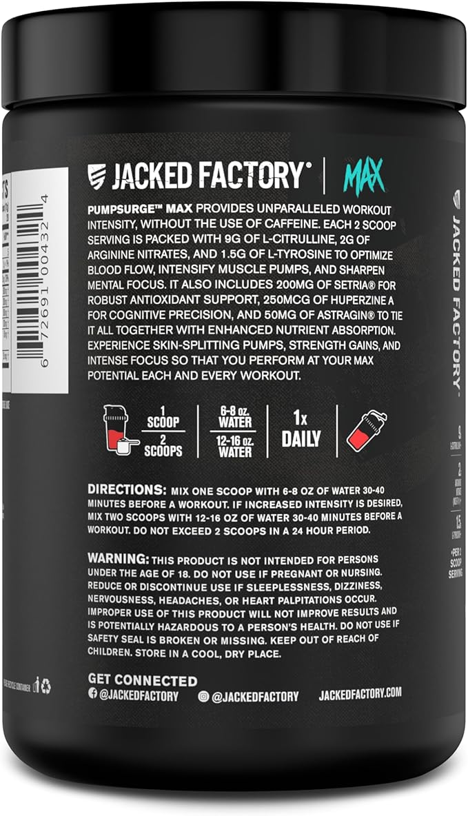 Jacked Factory Pumpsurge Max Stim Free Pre Workout - High-Performance Caffeine Free Pre Workout with L-Citrulline, N03-T Arginine Nitrate & Glutathione - 40 Servings, Cherry Limeade