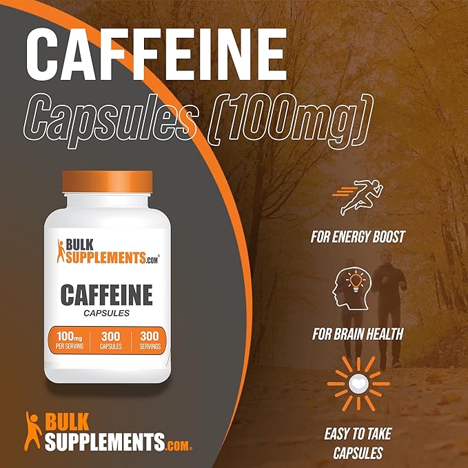 BulkSupplements.com Caffeine 100mg Capsules - Caffeine Supplements, Caffeine Pills 100mg - for Energy Support, 1 Caffeine Capsule per Serving, 300 Capsules (Pack of 1)