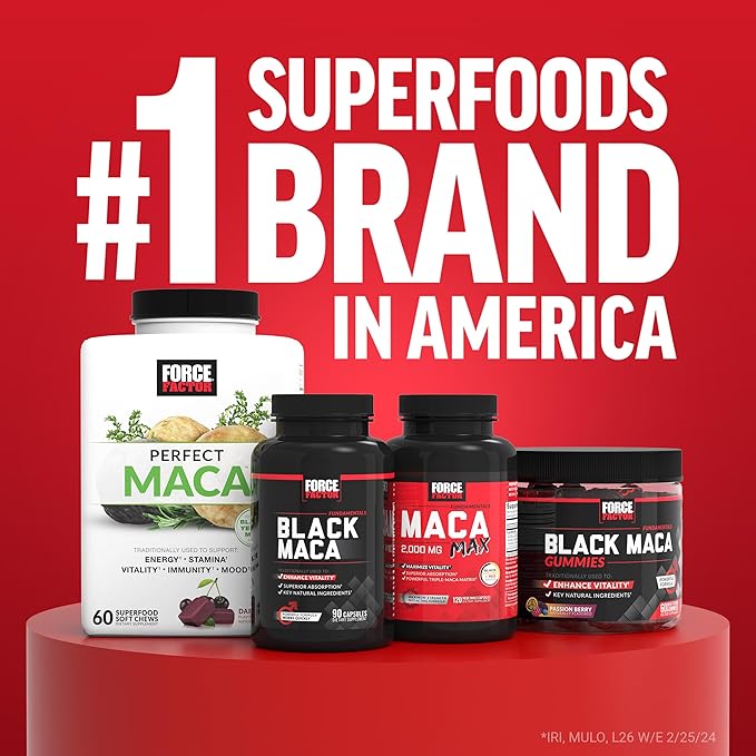 FORCE FACTOR Black Maca Root 1000mg, Vitality Supplement for Men with Black Pepper Extract for Absorption, Natural Maca Negra Extract, 90 Capsules