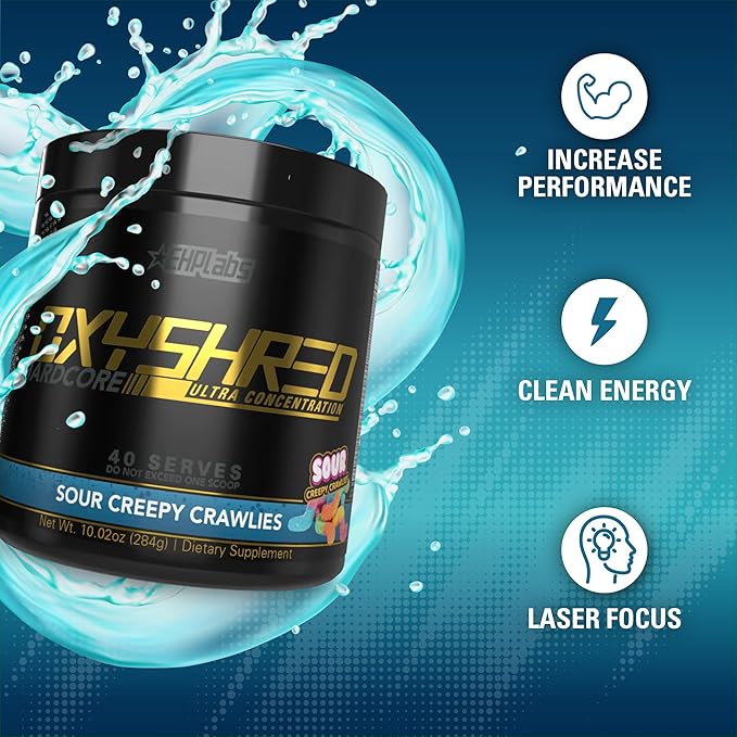 EHP Labs OxyShred Hardcore Super Dosed Pre Workout Powder - Preworkout Powder with L Glutamine & Acetyl L Carnitine, Energy Boost Drink - 275mg of Caffeine - Sour Crawlies, 40 Servings