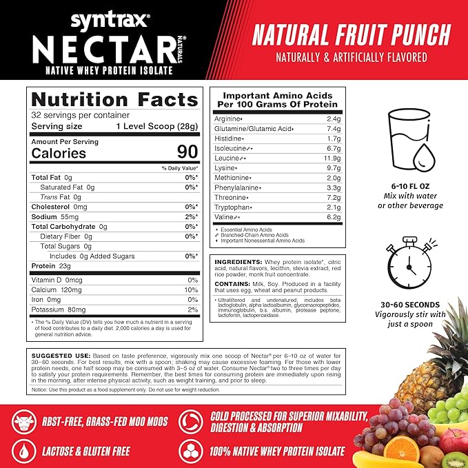 Syntrax Nutrition Nectar Naturals, 100% Whey Isolate Protein Powder, Natural Fruit Punch, 2 lbs